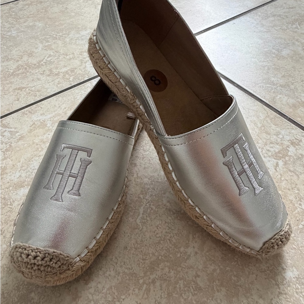 Silver Metallic Espadrilles with Embroidered Monogram